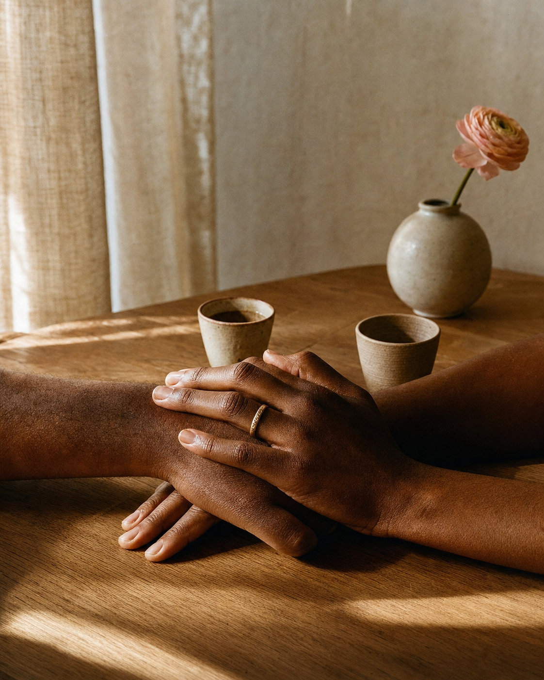 Two hands rested gently together in warm morning light, a small gold band on one finger.